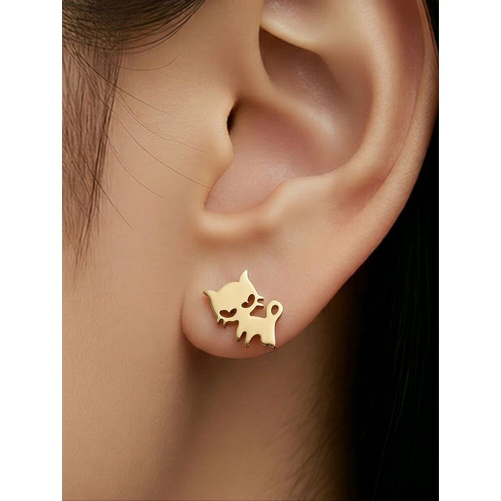 Gold Cat Silhouette Stud Earrings Dainty Stainless Steel Minimalist Pet Lover